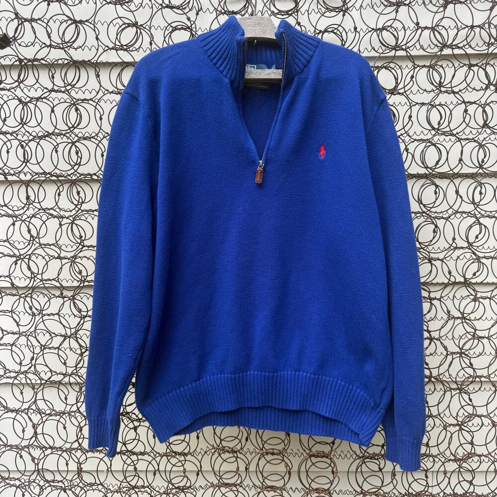Vintage Polo Ralph Lauren Royal Blue 1/4 Zip Sweater Mens XL 100% Cotton